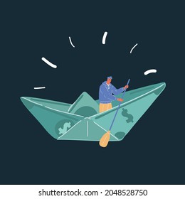 Cartoon vector illustration of man sailing in big paper ship made of dollar banknote on dark backround. Big money concept.