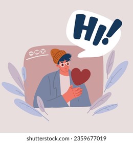 Cartoon vector illustration of man say hi. Pop up window. Hold his heart.