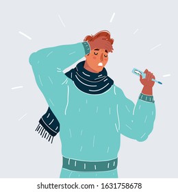 Cartoon vector illustration of man in scarf have fever, cold and look at thermometer in his hands.