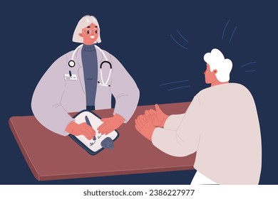 Cartoon vector illustration of Man see doctor for check himself, Doctor consulting male patient. Medical mask for prevent coronavirus. Health care concept.