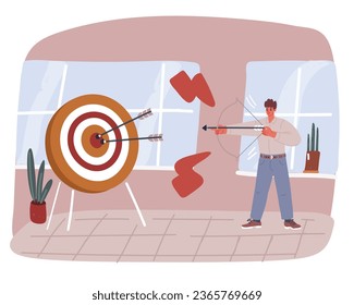 Cartoon vector illustration of Man shooting with bow. Archer practicing shooting