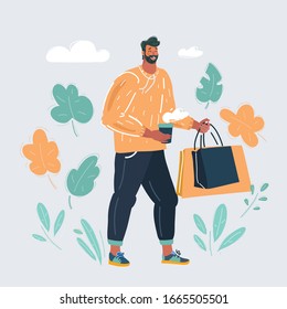 Cartoon vector illustration of man with shopping bags in his hands on white background.