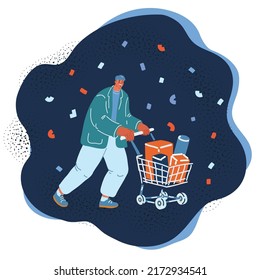 Cartoon vector illustration of man with shopping cart full of products over dark backround