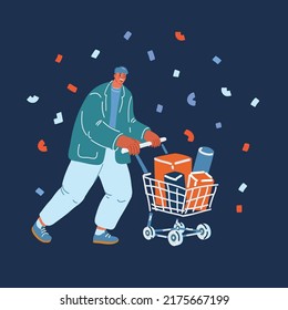 Cartoon vector illustration of man with shopping trolley over dark background