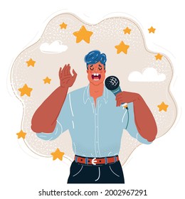 Cartoon vector illustration of man is singing at microphone. Stars around him