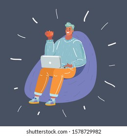 Cartoon vector illustration of man sit at bean bag with his laptop.