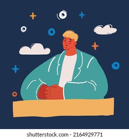 Cartoon vector illustration of man sit at desk over dark backround.