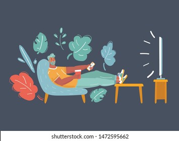 Cartoon vector illustration of Man Sitting Watching Tv Home Chair Drink Coffee Night or evening. Procrastination, after work concept on dark background.