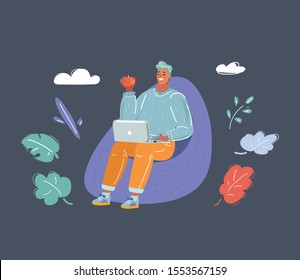 Cartoon vector illustration of man sitting comfortably on a bean bag chair with laptop and eating an apple. Human character on dark bacgkround.