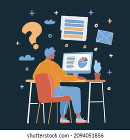 Cartoon vector illustration of Man Sitting at Desk Office Working Place Laptop Back Rear View