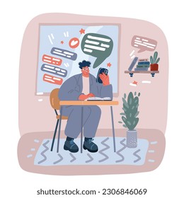 Cartoon vector illustration of man sitting at desk and learning topic.