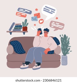 Cartoon vector illustration of Man sitting on the sofa. Man using mobile phone.