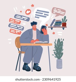 Cartoon, Vektorgrafik des Menschen, der am Tisch, zu Hause, im Büro und im Lesebuch sitzt