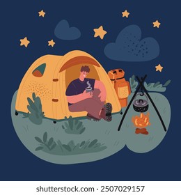 Cartoon vector illustration of Man sitting inside tent icon, camping concept over dark background