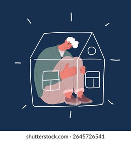 Ilustração vetorial de um homem sentado em sua casa, dentro de casa, em casa. Triste, depressão, falta de espaço na minúscula casa, estado apertado sobre fundo escuro