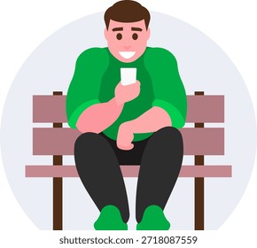 Ilustración vectorial de dibujos animados de un hombre sentado en un banco del parque con un teléfono inteligente. Personaje moderno navegando por las redes sociales o enviando mensajes de texto mientras se relaja al aire libre. Gráfico aislado para el diseño de estilo de vida