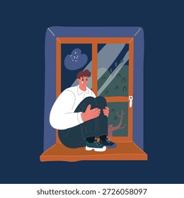 Cartoon vector illustration of man sitting on he window. Lonely man sitting at home near window. Thoughtful man