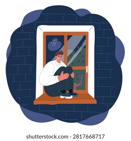 Cartoon vector illustration of man sitting the window. Lonely old man sitting at home near window. Thoughtful retired man abandoned at his place over dark background