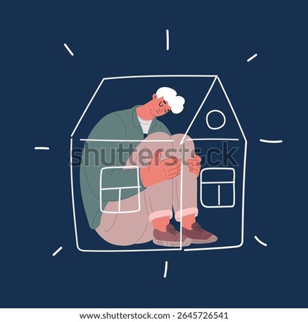 Cartoon vector illustration of man sitting in his house. inside house, home. Sad, depression, lack of space in tiny house, cramped condition over dark background