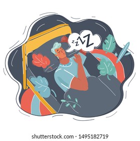 Cartoon vector illustration of man sleeping in bed in night. Human male character on dark background.