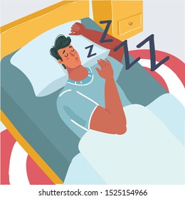 Cartoon vector illustration of man sleeping in bed. Close up view. Snuffling man.
