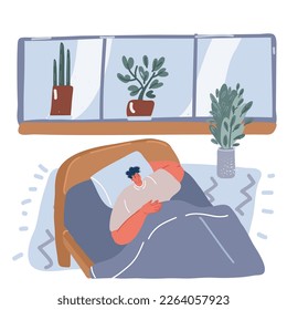Cartoon vector illustration of man sleeping in bed