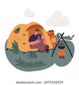 Cartoon vector illustration of Man sleeping inside tent Male character in tent in tent dirnk tea. Hikking concept