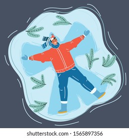 Cartoon vector illustration of the man in the snow. make angel. Human character in winter time.