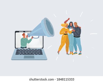 Cartoon vector illustration of man speaker holding megaphone laptop and attracts attention of people. Advertising and teamwork concept. remote management. Character on white isolated background.