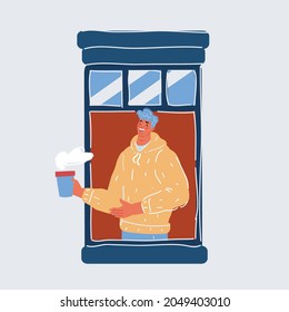Cartoon vector illustration of Man stand in window in early morning with cup of coffee in his hand