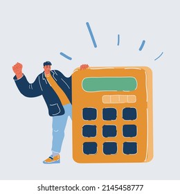 Cartoon vector illustration of man stand near big giant calculator