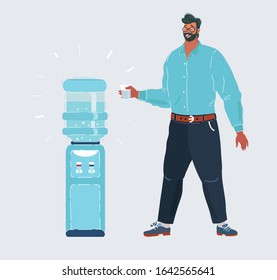 Cartoon vector illustration of Man, standing near cooler and drink water.