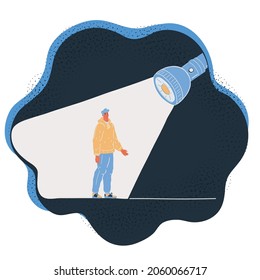 Cartoon vector illustration of man standing in ray of light on dark background