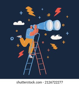 Cartoon vector illustration of man standing at ladder looking forward through binoculars observing over dark backround.