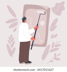 Cartoon vector illustration of man Standing on the mounting ladder worker putting up posters on the street wall.
