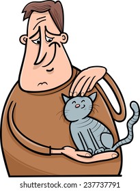 Cartoon Vector Illustration of Man Stroking his Cat or Kitten