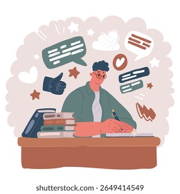 Ilustração vetorial de desenhos animados de estudo de um estudante homem on-line com professor de skype, jovem feliz aprender linguagem ouvir aula assistir webinar escrever notas olhar para laptop sentado no café, educação distante