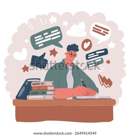 Cartoon vector illustration of man student study online with skype teacher, happy young woman learn language listen lecture watch webinar write notes look at laptop sit in cafe, distant education