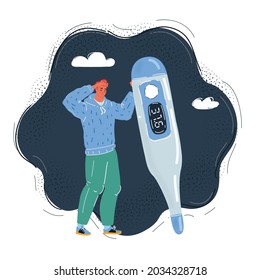 Cartoon vector illustration of man suffering from fever. Stand with a large thermometer in her hands on dark backround.