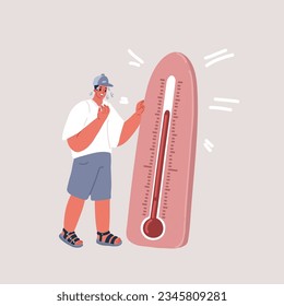 Cartoon vector illustration of Man suffering from heat and sweaty holding temperature. Hot summer day.