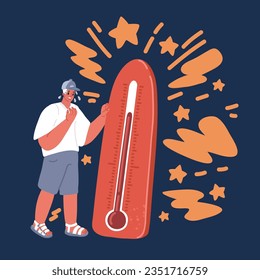 Cartoon vector illustration of Man suffering from heat and sweaty holding temperature. Hot summer day.