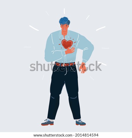 Cartoon vector illustration of man with suffering pain from a heart or anxiety attack on white background.