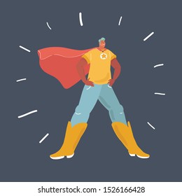 Cartoon vector illustration of man in superhero suit on dark bacgkround.