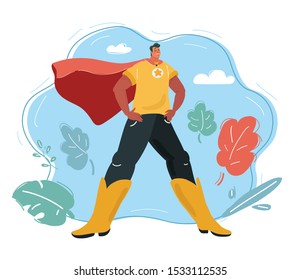 Cartoon vector illustration of man in Superhero costume cape on blue background.