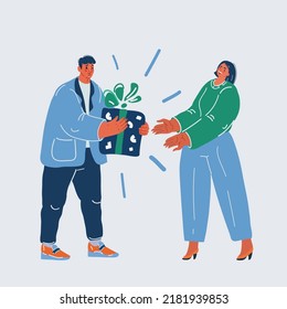 Cartoon vector illustration of Man surprising his girlfriend with a gift