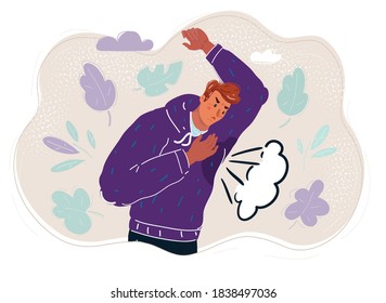 La ilustración vectorial de dibujos animados del hombre está sudando mucho. Mirando con sorpresa en la ropa.