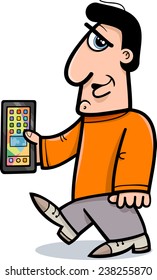 Cartoon Vector Illustration of Man with Tablet or Smart Phone