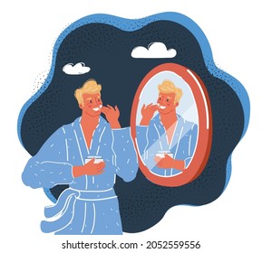 Cartoon vector illustration of man take care about him skin before mirror on dark backround. svg
