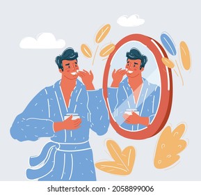 Cartoon vector illustration of a man take care of him skin in front of the toilet mirror.
