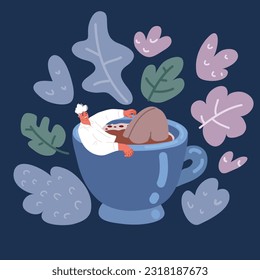 Cartoon vector illustration of man taking baght in big coffee mug. Bath tube over drak background
